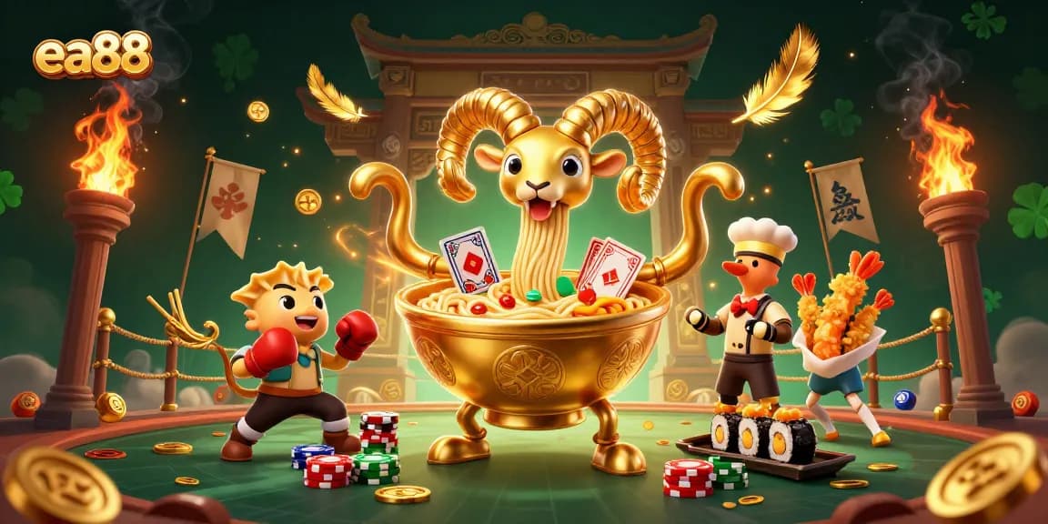 Join the excitement with ea88's giant ramen bowl dealer and animated sushi characters in a vibrant casino setting.