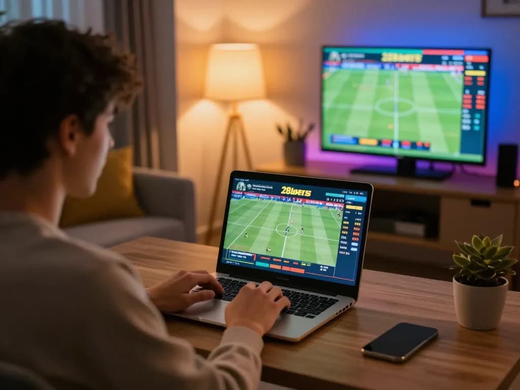 Engaging in live 28bets sports betting from a cozy home office, laptop displaying betting odds and matches.