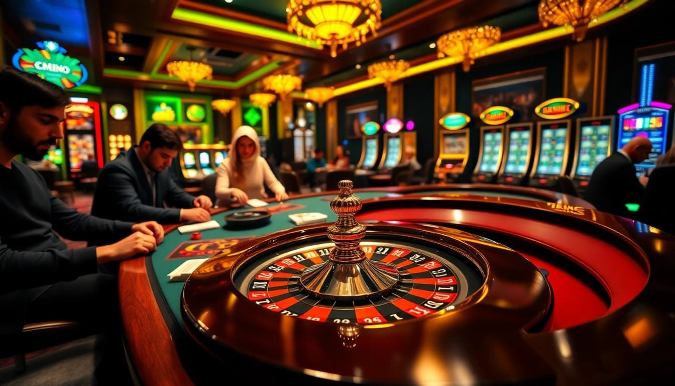Players enjoying a high-stakes game at MM88 casino, with poker chips and a roulette wheel.