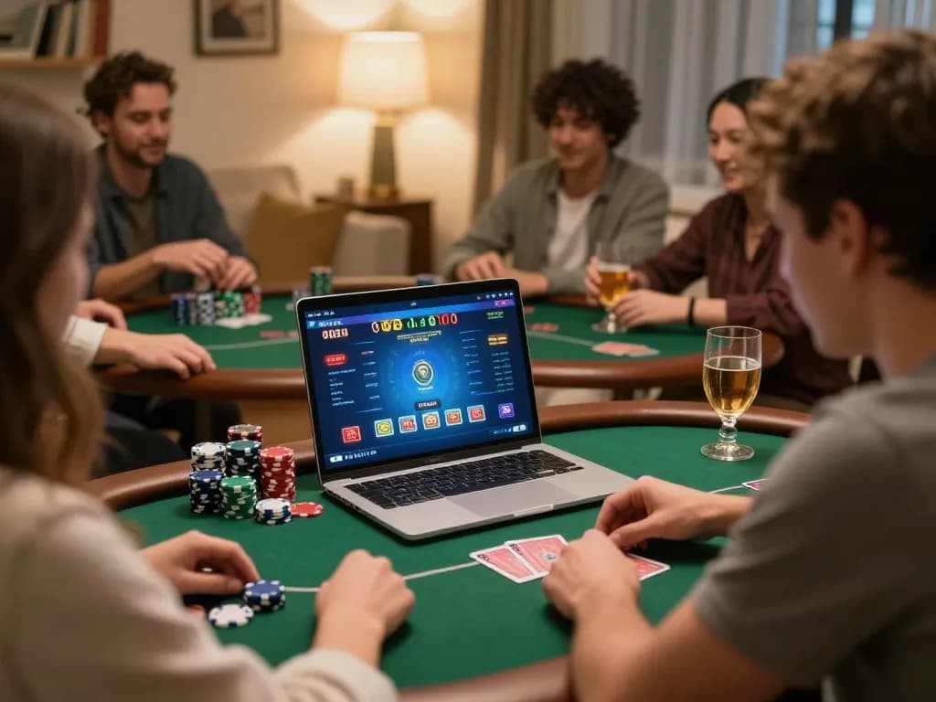 Sesi poker online yang menarik di rumah dengan antarmuka alexis500 terlihat, teman-teman bersosialisasi di sekitar