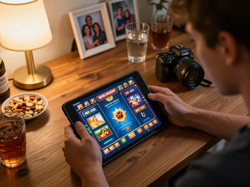 Player engaged in online gaming with the BERLIAN889 app, showcasing strategic gameplay in a cozy home setting.