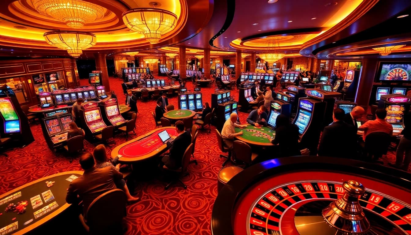 MMOO casino players enjoying a vibrant and luxurious gaming experience with roulette and poker.