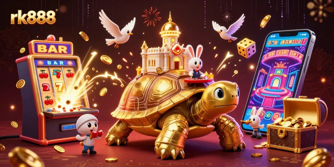 Experience rk888 vibes with a vibrant casino scene featuring a golden tortoise and slot machine.