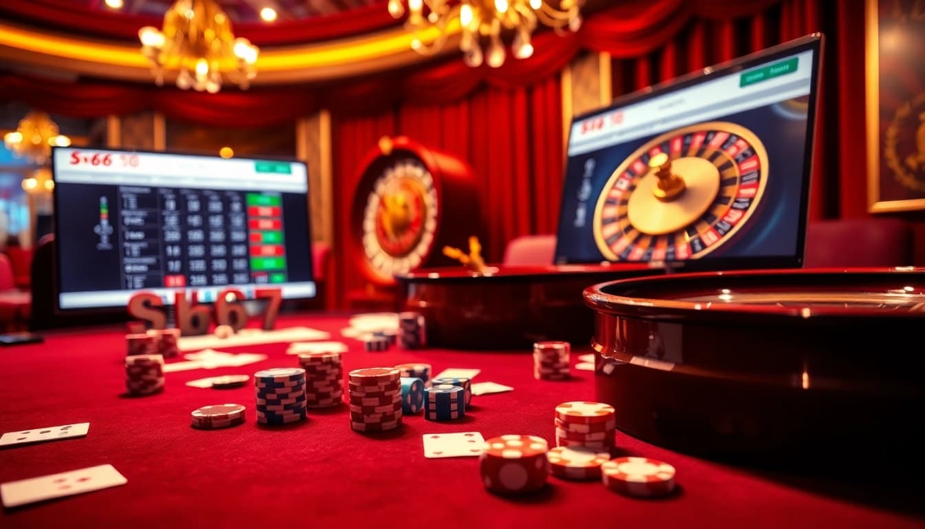 Engage in thrilling Sv66 bet action at a luxurious casino table filled with poker chips and a spinning roulette wheel.