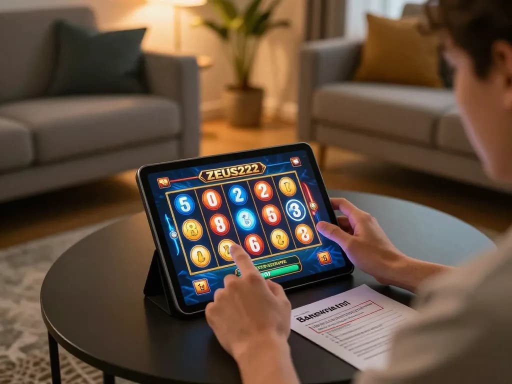 Player enjoying ZEUS222 slot game on tablet at home, capturing excitement and strategy.