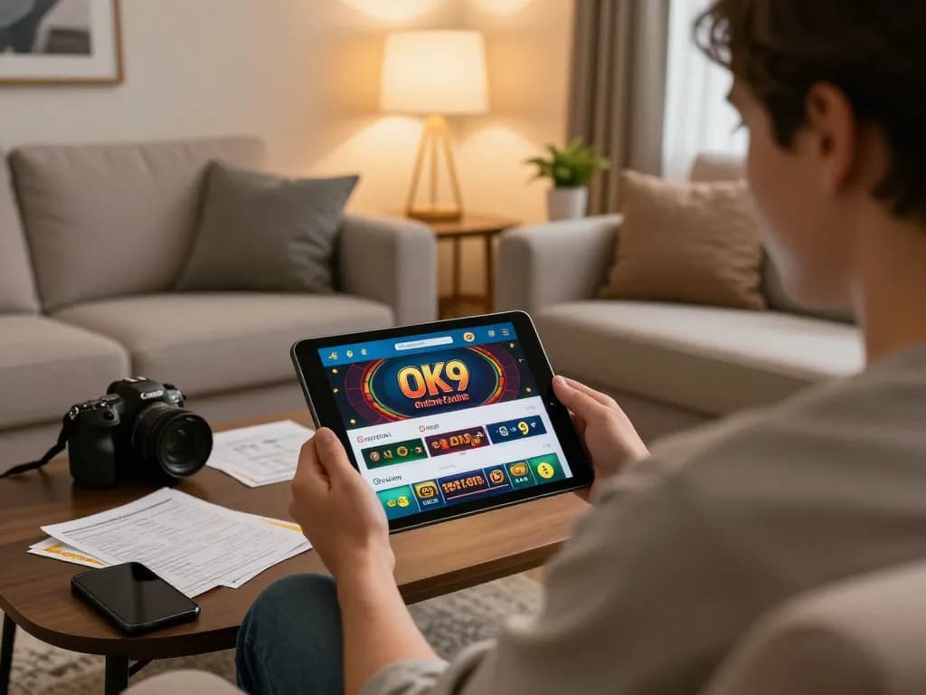 Engaged player exploring the OK9 casino app on a tablet in a cozy living room setting.