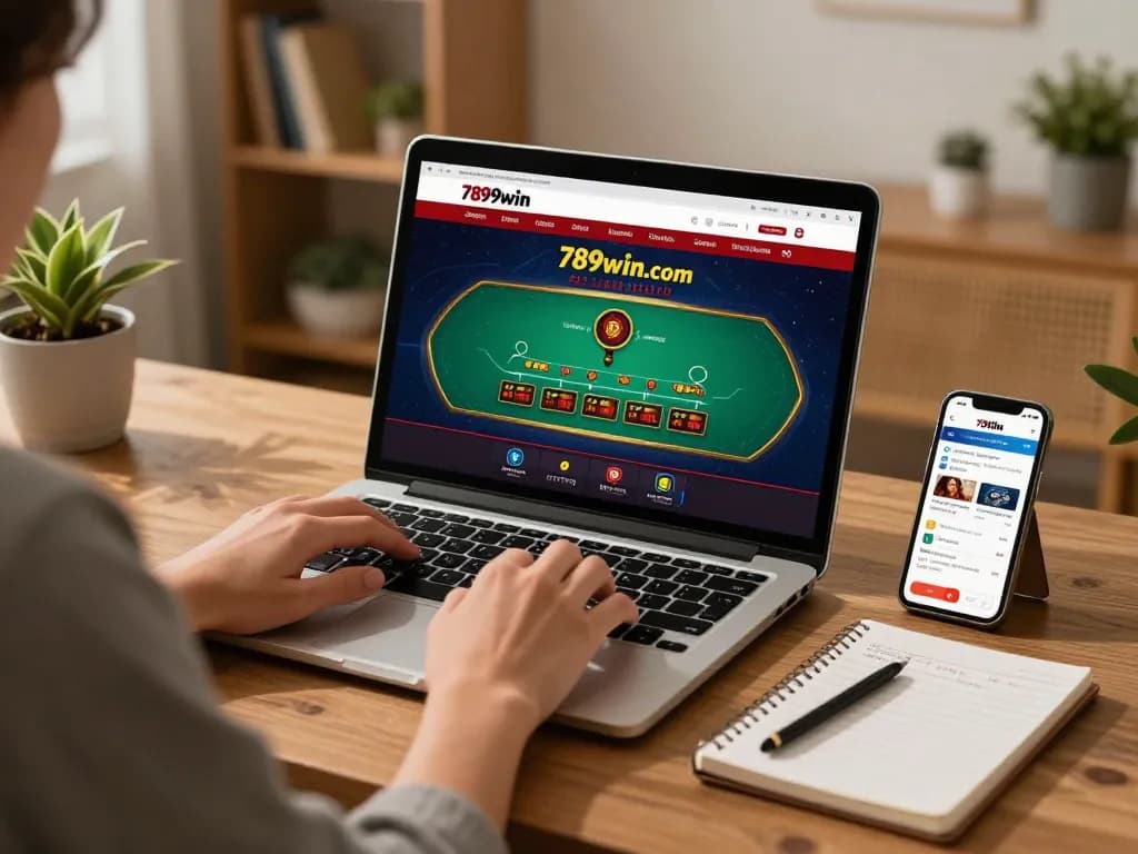 Engage in online blackjack gameplay on 789win.com with a laptop and smartphone, showcasing strategic bets.