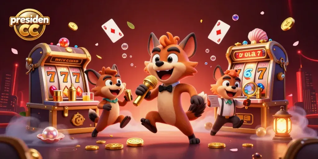 Experience the excitement of presiden cc with animated hyenas in a vibrant casino scene featuring jackpots and games.