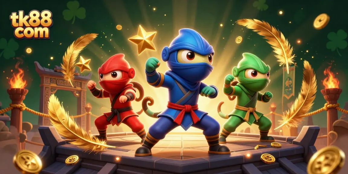 Win big with tk88 com in this vibrant, dynamic 3D casino-themed illustration featuring chameleon ninjas.