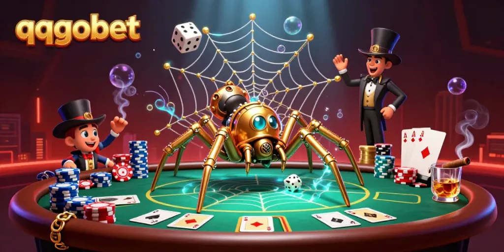 Permainan seru di qqgobet, dengan laba-laba steampunk menangkap dadu di web keemasan.