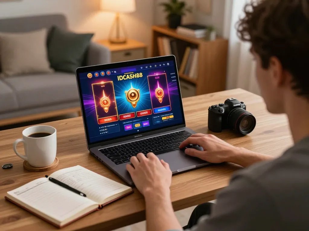 Engaged player immersing in IDCASH88 online gaming experience on a laptop in a cozy home setup.