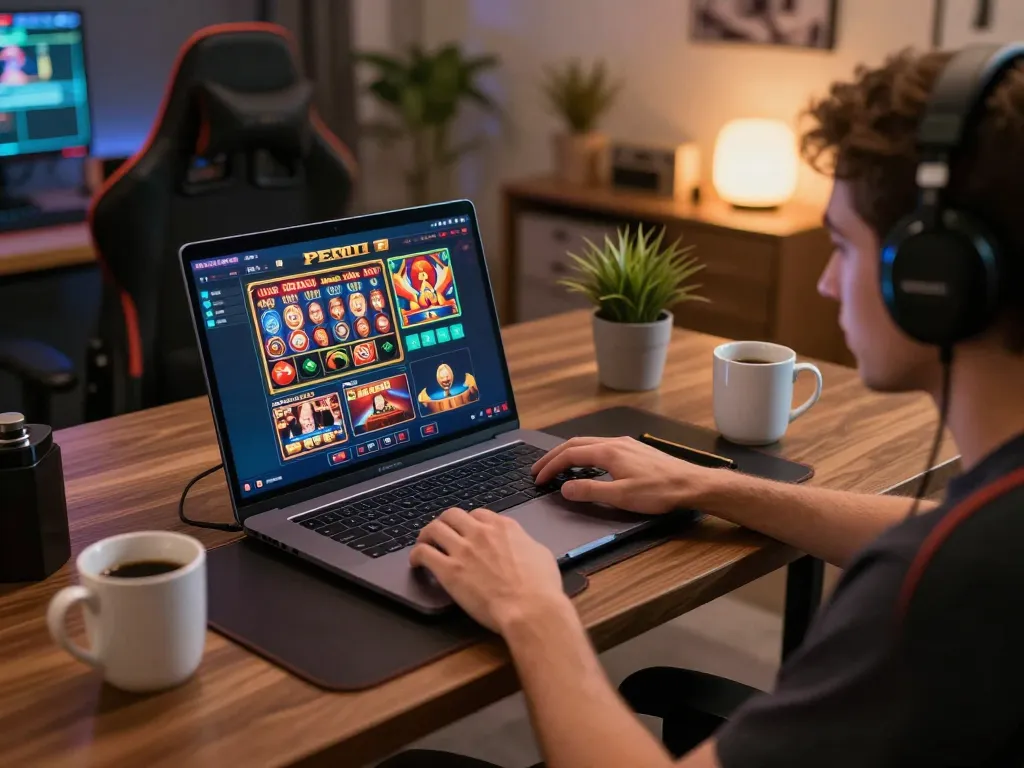 Player using PERI11 online casino interface on a high-end laptop in a cozy home setup
