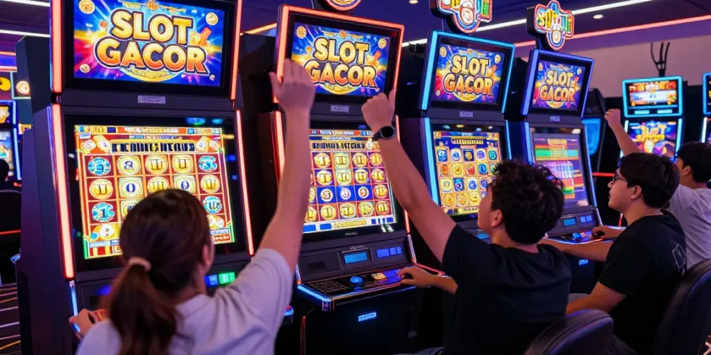 Pengalaman bermain SLOT GACOR di mesin slot kasino, pemain merayakan kemenangan.