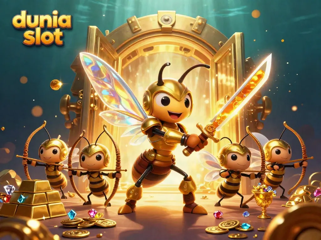 Ilustrasi dunia slot menampilkan karakter menarik dengan simbol permainan kasino yang berkilauan.