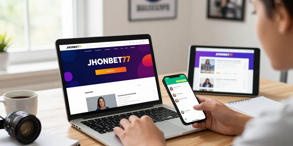 Pengguna JHONBET77 mengakses platform melalui laptop, ponsel, dan tablet dengan informasi promo.