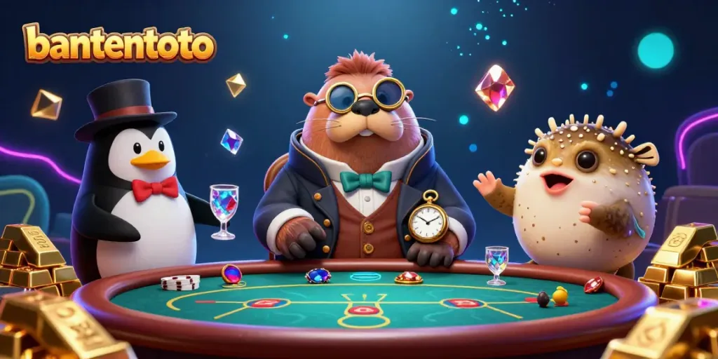 Gambarkan momen menarik di bantentoto dengan walrus dan dealer penguin dalam suasana kasino yang penuh warna