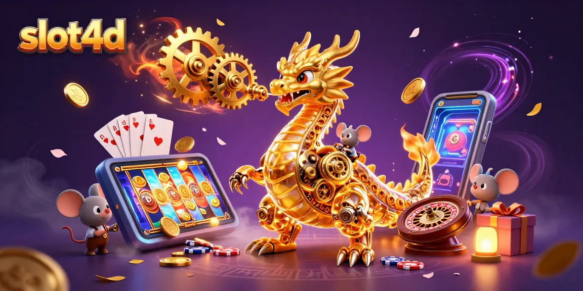 Bermain slot4d dengan mesin slot berputar dan harta karun, dikelilingi elemen kasino