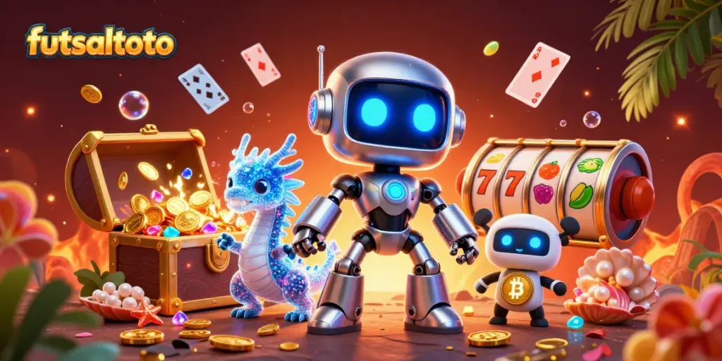 Futsaltoto menawarkan pengalaman bermain togel yang seru dengan ilustrasi robot dan elemen permainan.
