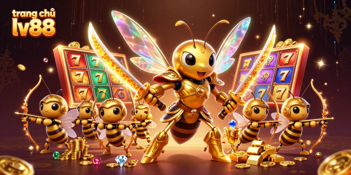 Experience the action on trang chủ lv88 with vibrant slot reels and a dynamic golden hornet warrior.