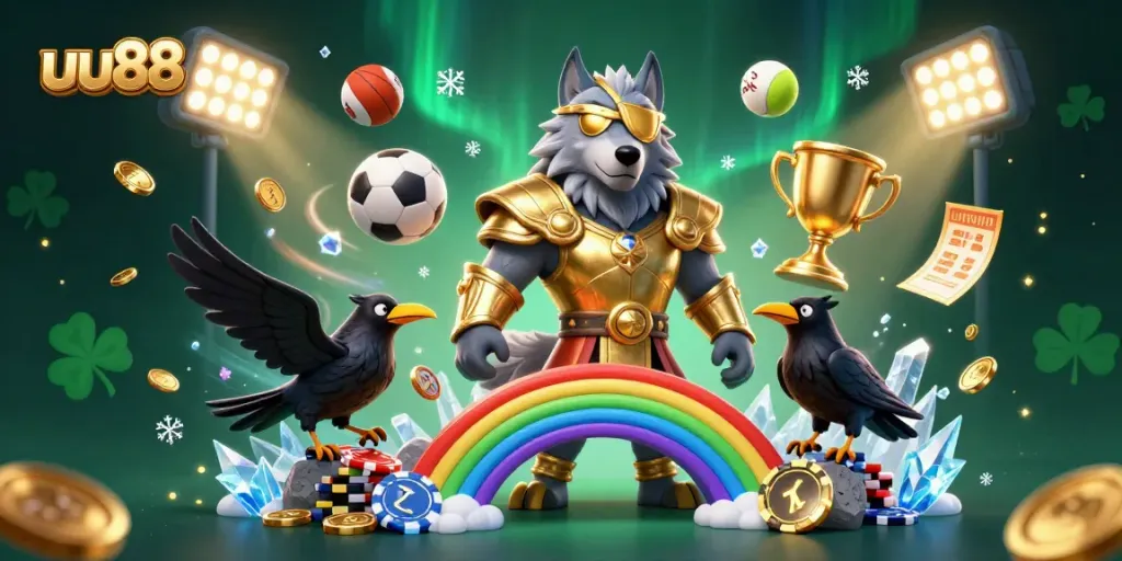 uu88 showcases a dynamic scene with Odin, his ravens, and vibrant casino elements.