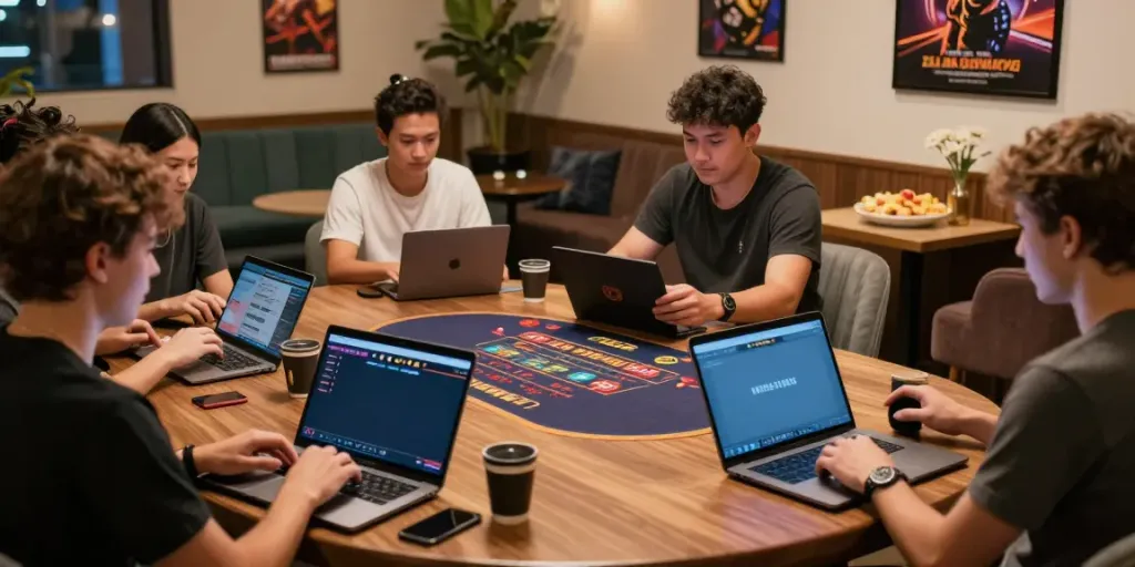 Players enjoying 2up casino games in a cozy lounge setting, showcasing a lively gaming atmosphere.