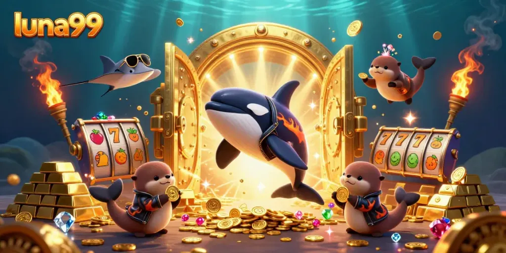 Luna99 menampilkan orca, stingray, dan berang-berang laut dengan koin emas di latar belakang kasino.