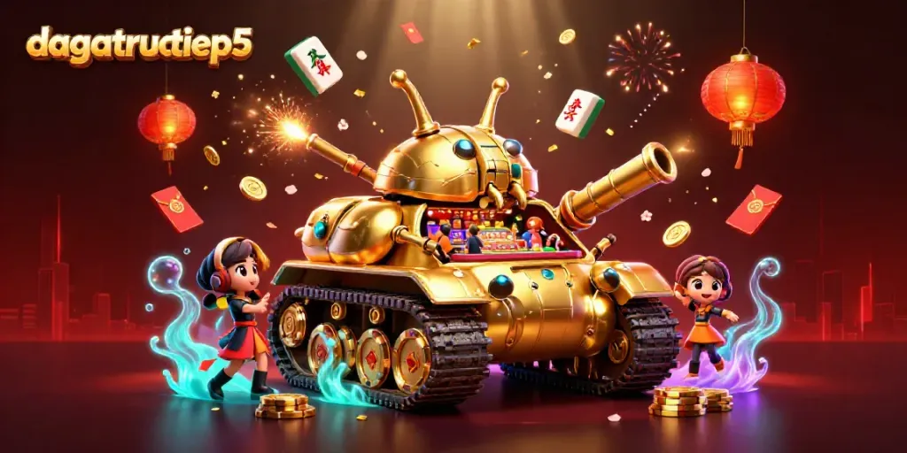 Experience exciting gameplay with dagatructiep5 featuring a massive golden beetle tank hosting a mini casino, filled with dynamic elements.