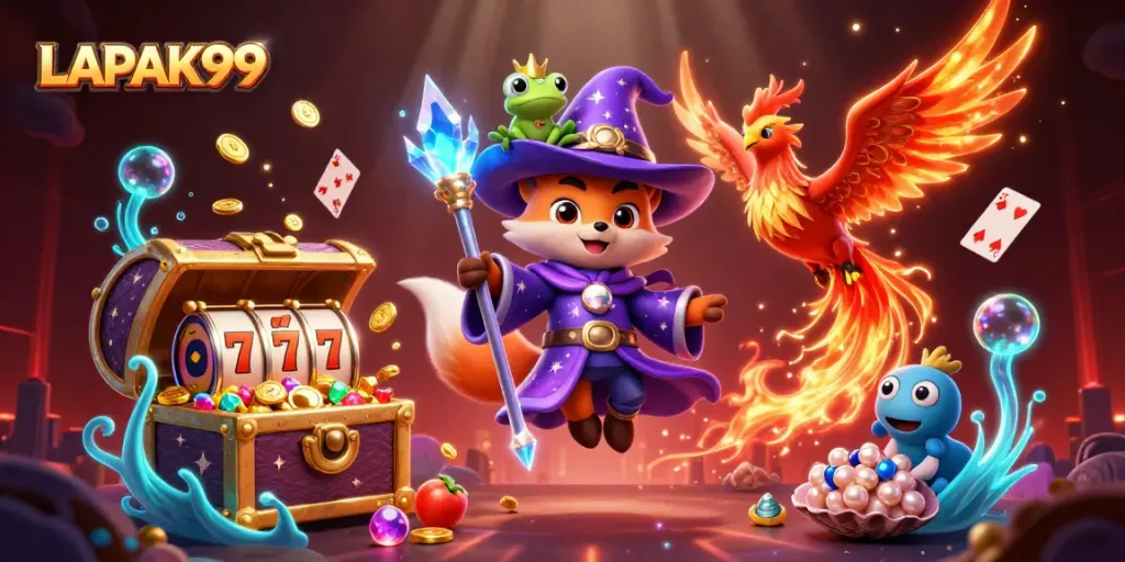 LAPAK99 presents a vibrant 3D fantasy scene with playful game elements and gambling icons.