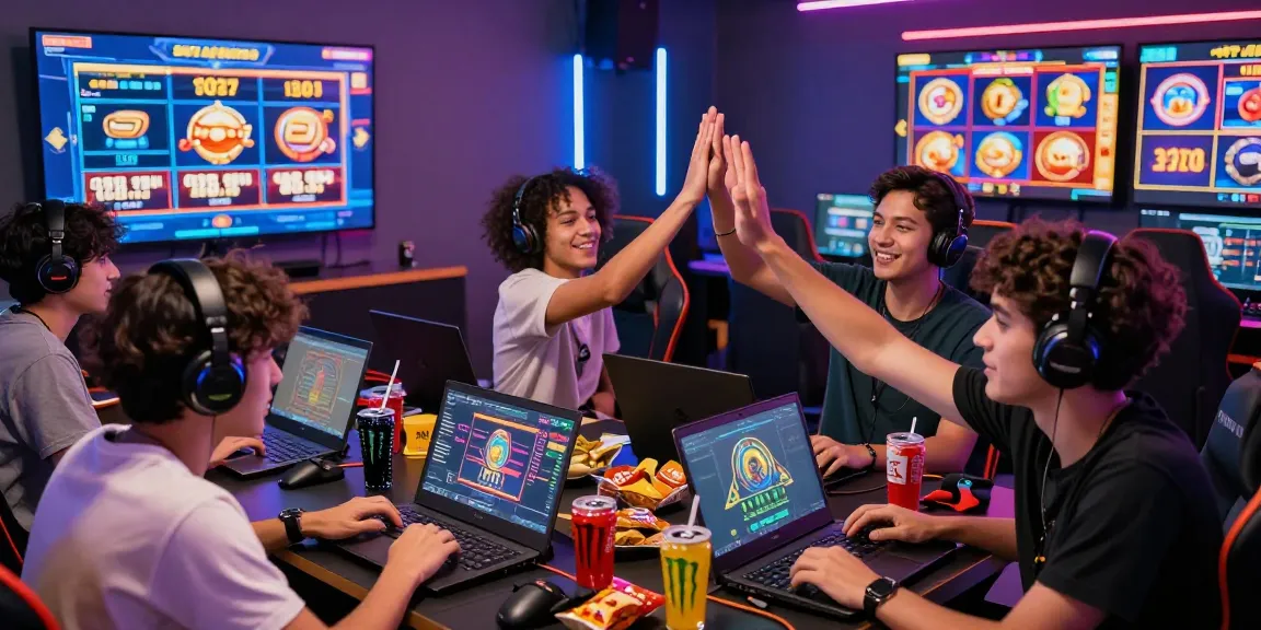 Excited gamers discussing strategies on achieving slot gacor success in a vibrant gaming lounge.