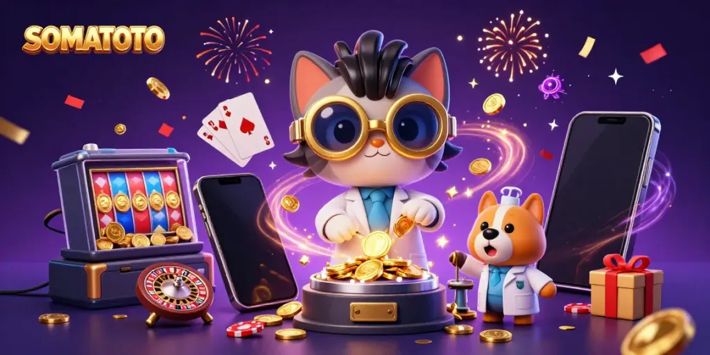 SOMATOTO boosts excitement with a playful illustration of a mad scientist cat and assistant in a casino-themed lab.