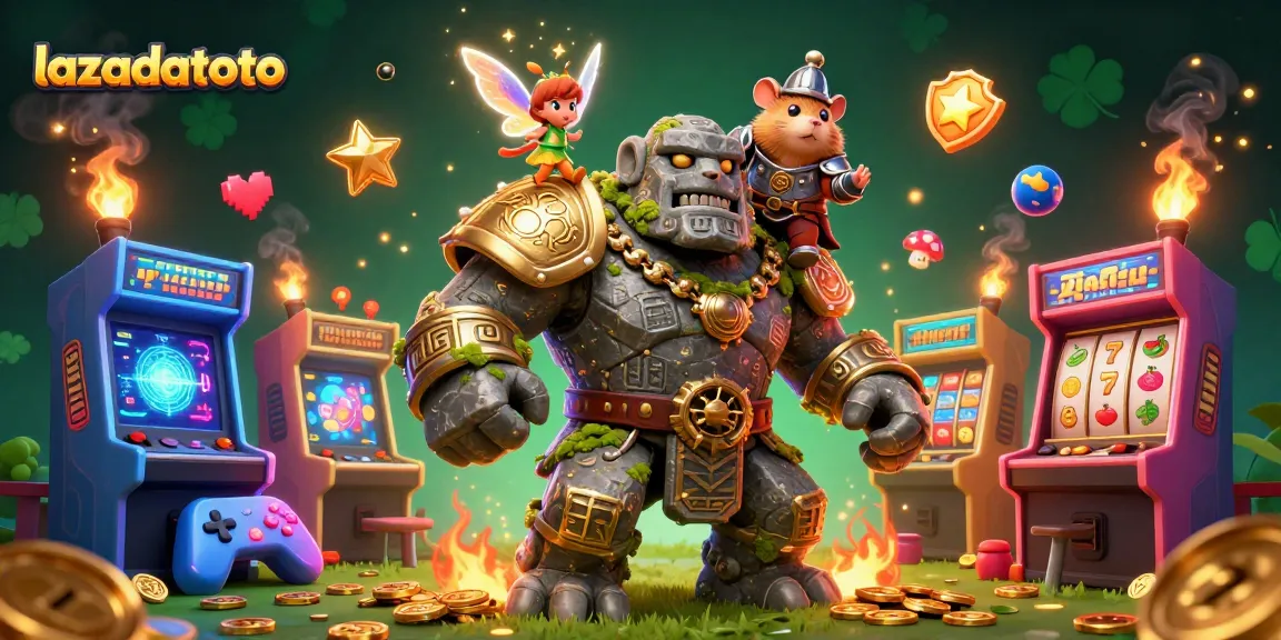 Gambarlah suasana kasino dalam ilustrasi 3D hidup, lazadatoto, dengan makhluk ajaib yang berperan.