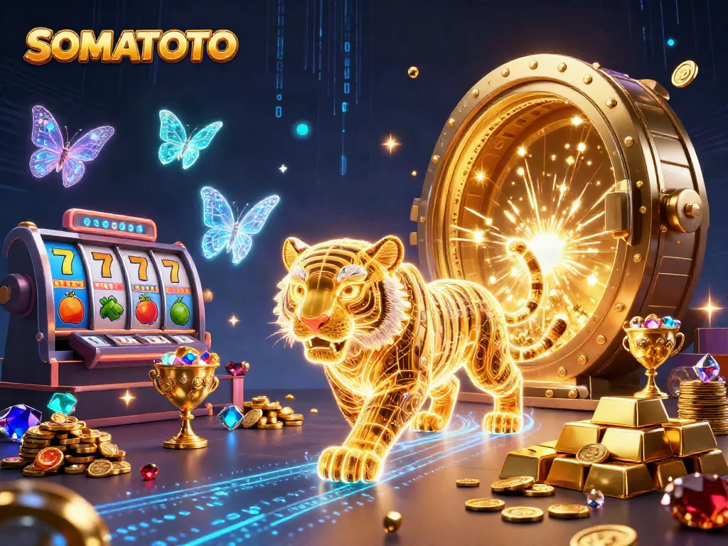 Experience exciting wins at SOMATOTO with a vibrant 3D casino scene featuring dynamic slot reels and golden treasures.