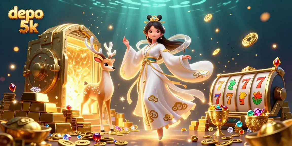 Engage with depo 5k opportunities on an enchanting online casino scene with an Asian woman in hanfu.