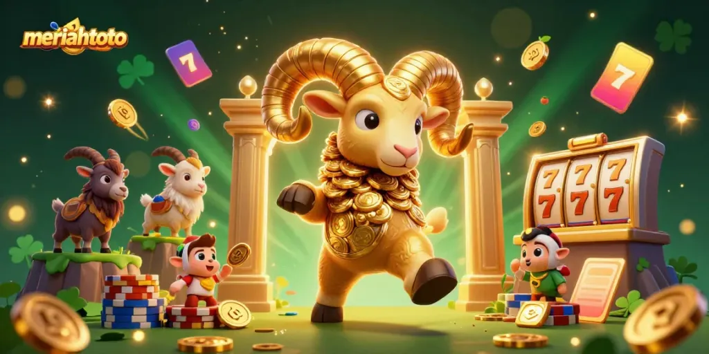 Slot online meriahtoto dengan ram emas dan simbol keberuntungan.