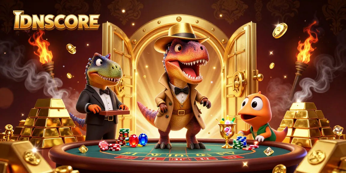 IDNSCORE gaming scene featuring a velociraptor card counter and stegosaurus pit boss at a blackjack table.