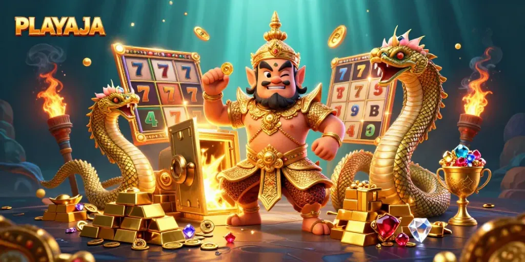 Experience thrilling wins with the vibrant PLAYAJA slot scene featuring jackpots and treasures.