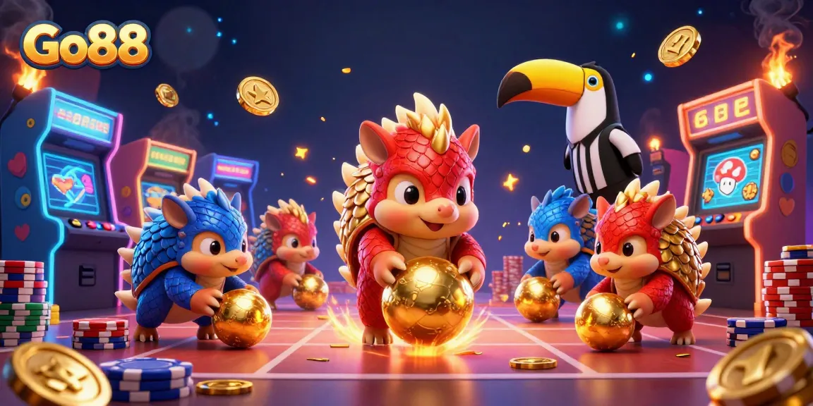 Go88 pangolins compete in a thrilling casino scene, surrounded by vibrant gaming elements.