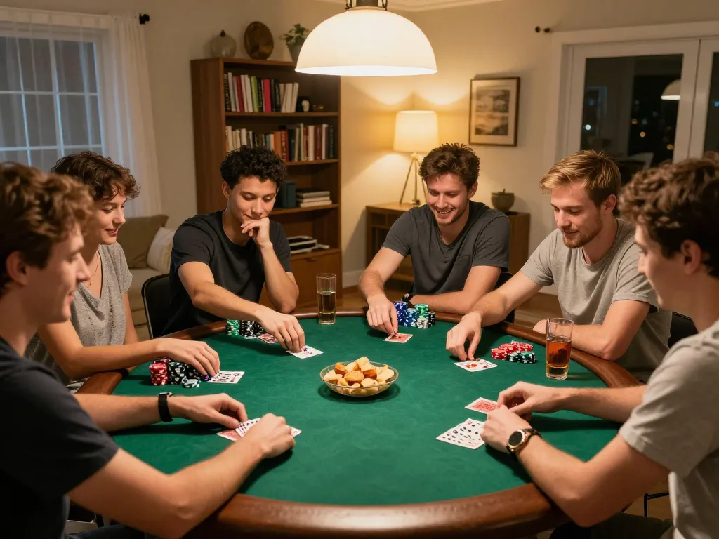 dh88 players engaging in a lively poker game at home with friends, surrounded by snacks and drinks