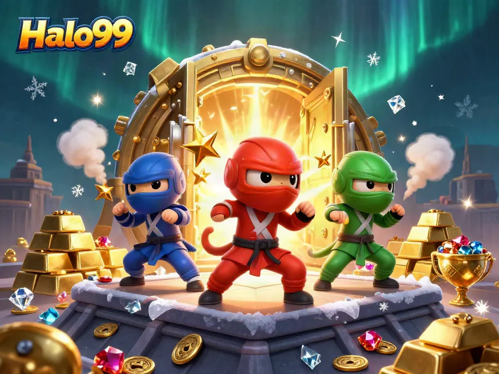 Engage with thrilling gameplay at Halo99, featuring dynamic martial arts characters amidst a treasure-filled casino scene.