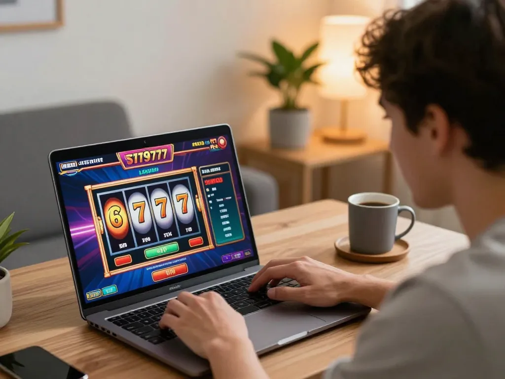 Pemain yang terlibat menikmati permainan slot777 di laptop dalam suasana kantor rumah yang nyaman