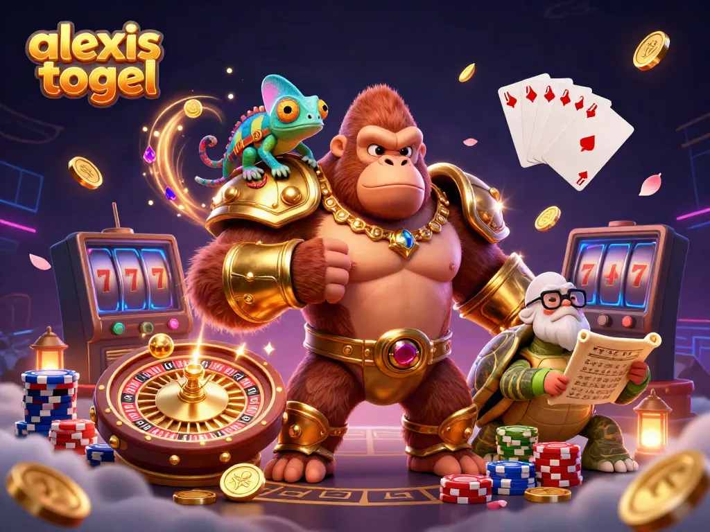 Gambarkan aksi menarik alexis togel dengan gorila raja bertempur, chameleon mengintai, dan kura-kura bijak di kasino.