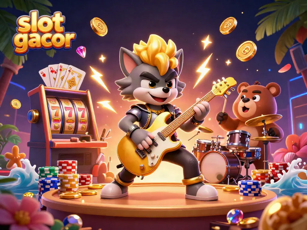 Engage with slot gacor through an electrifying casino scene featuring vivid characters and dynamic game elements.