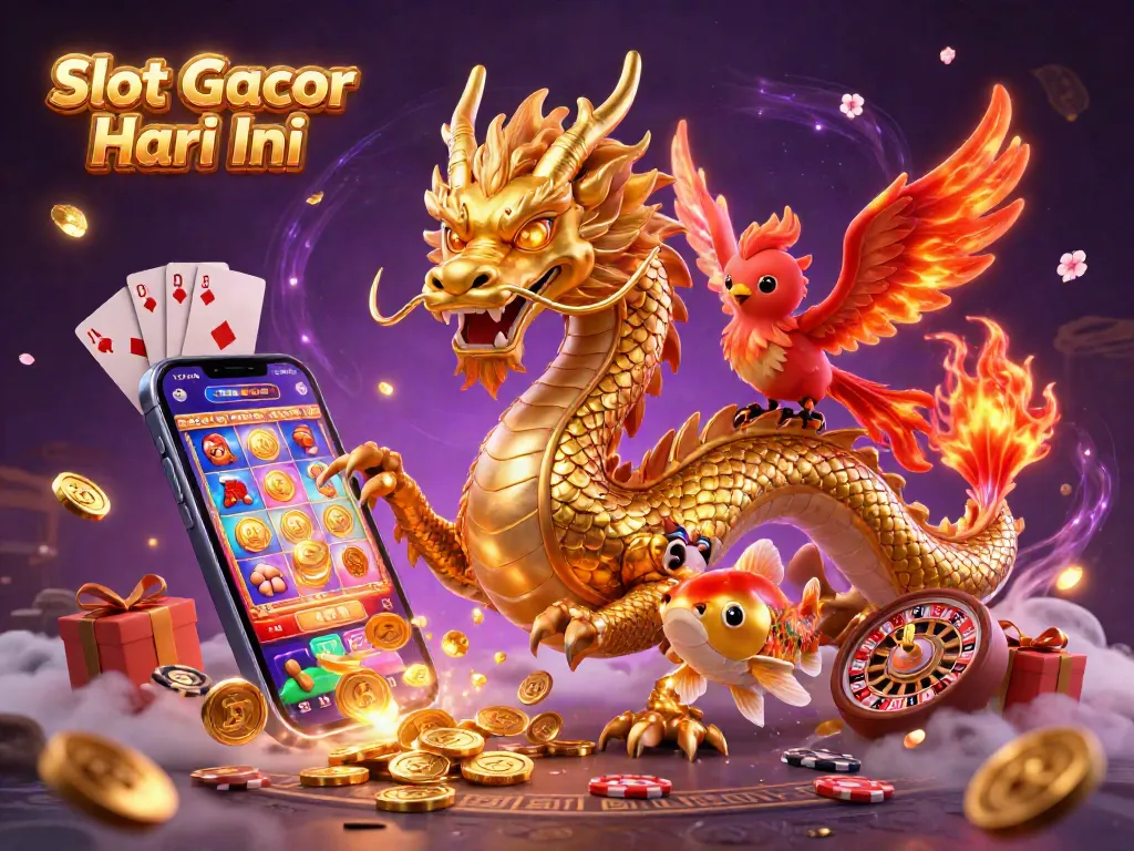 Engage with Slot Gacor Hari Ini in this vibrant 3D illustration showcasing exciting gaming elements and rich visuals.