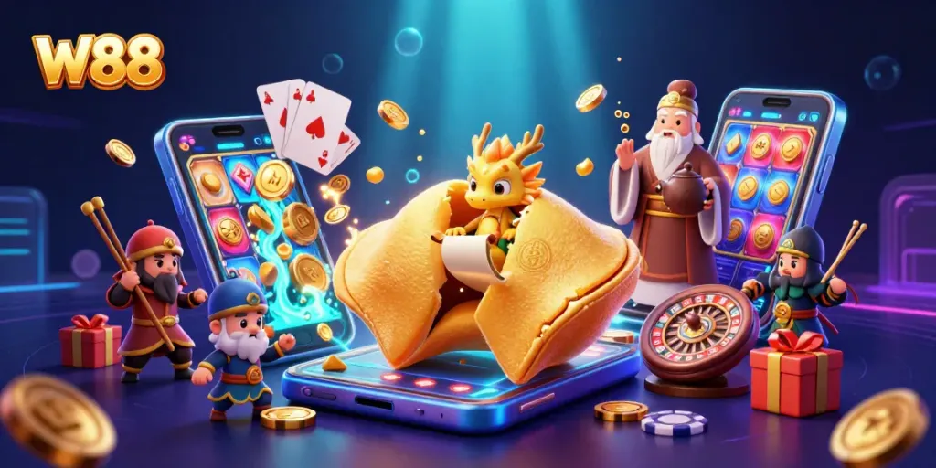 Engage with thrilling W88 online casino adventures featuring vibrant party elements and playful characters.