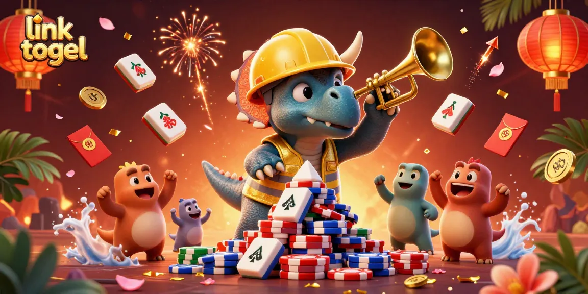 Join the fun with link togel as the triceratops builds a poker chip pyramid amidst joyous celebrations.