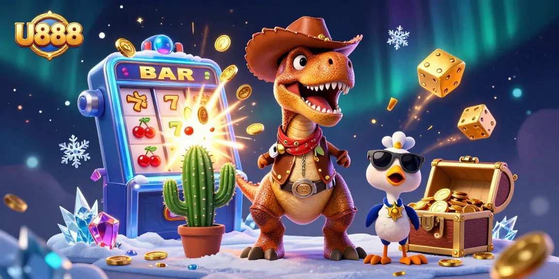 Engage with U888 through thrilling slot games as the cartoon T-Rex leads players to jackpots.