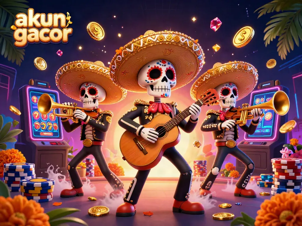 Aksi bermain dengan akun slot gacor, skeleton mariachi ramai dikelilingi koin emas dan chip poker.