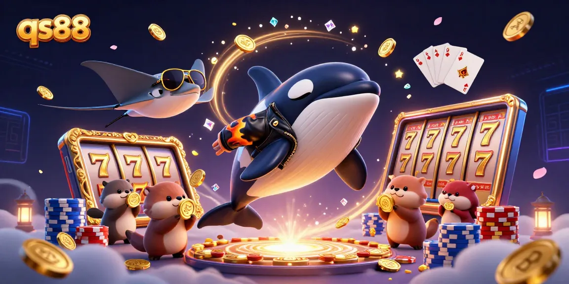 Experience qs88's thrilling jackpot wins with an orca and otters celebrating amidst golden coins and vibrant gameplay.