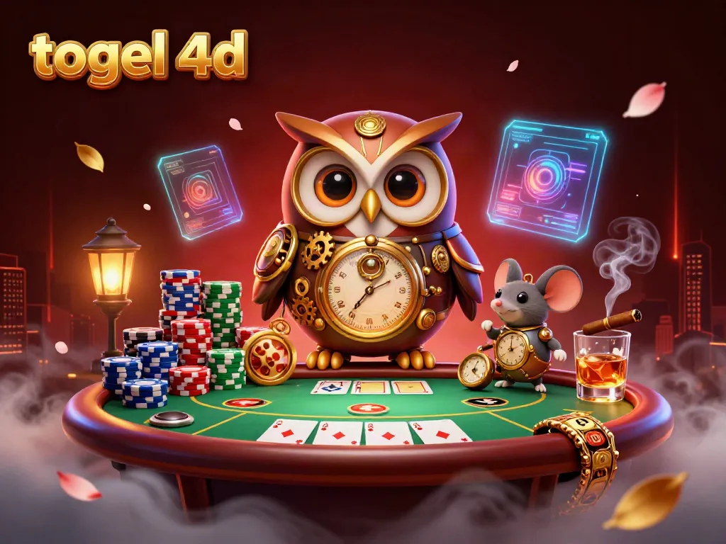 Experience thrilling action in the world of togel 4d with a vibrant steampunk owl and clockwork mouse at a casino table.
