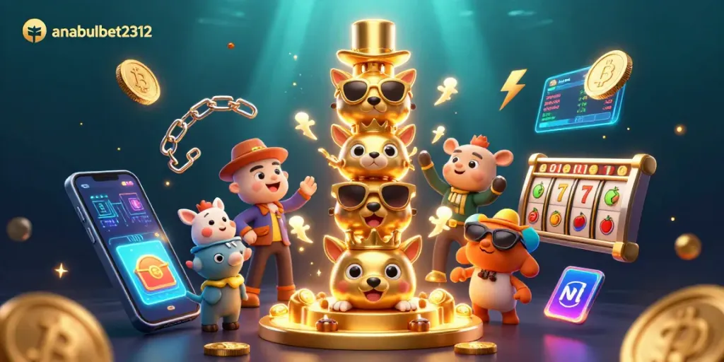 Gambarkan pengalaman bermain di anabulbet2312 dengan simbol slot dan koin kripto bersinar.